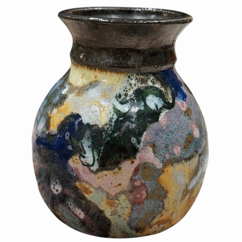 Studio Art Pottery Vase Abstract Textured Stoneware Signed Swirl Glaze 5"